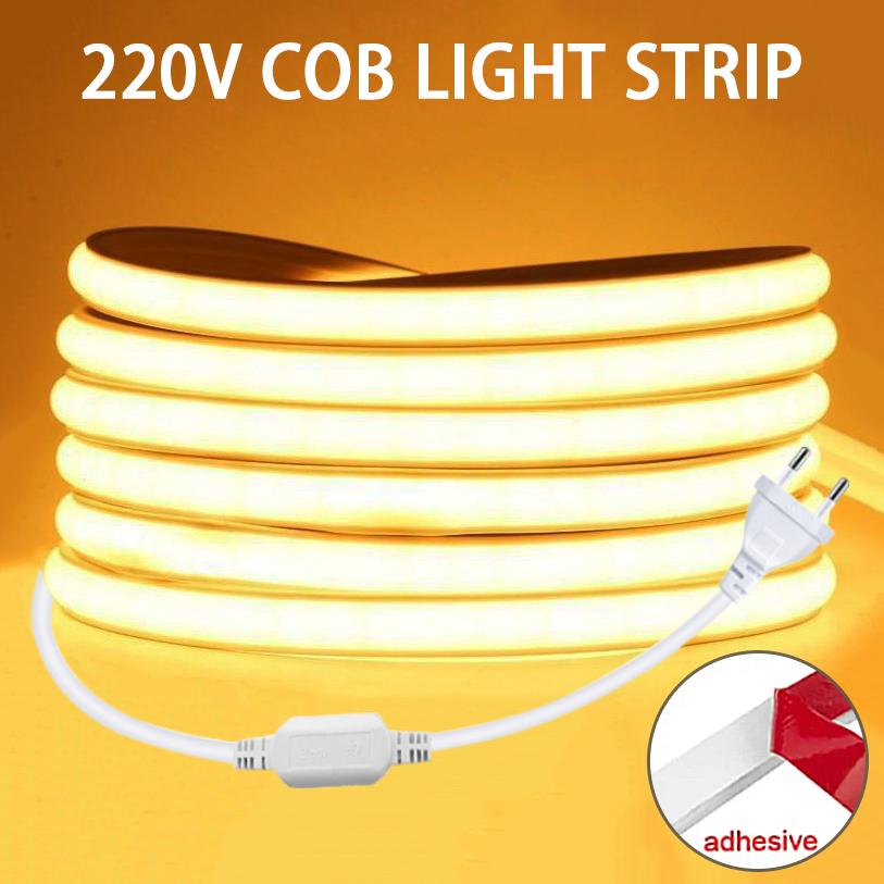220v Led Ribbon Adhesive High Brightness COB Led Strip for Room Led Strip Flexible Ribbon for Home Kitchen Lighting