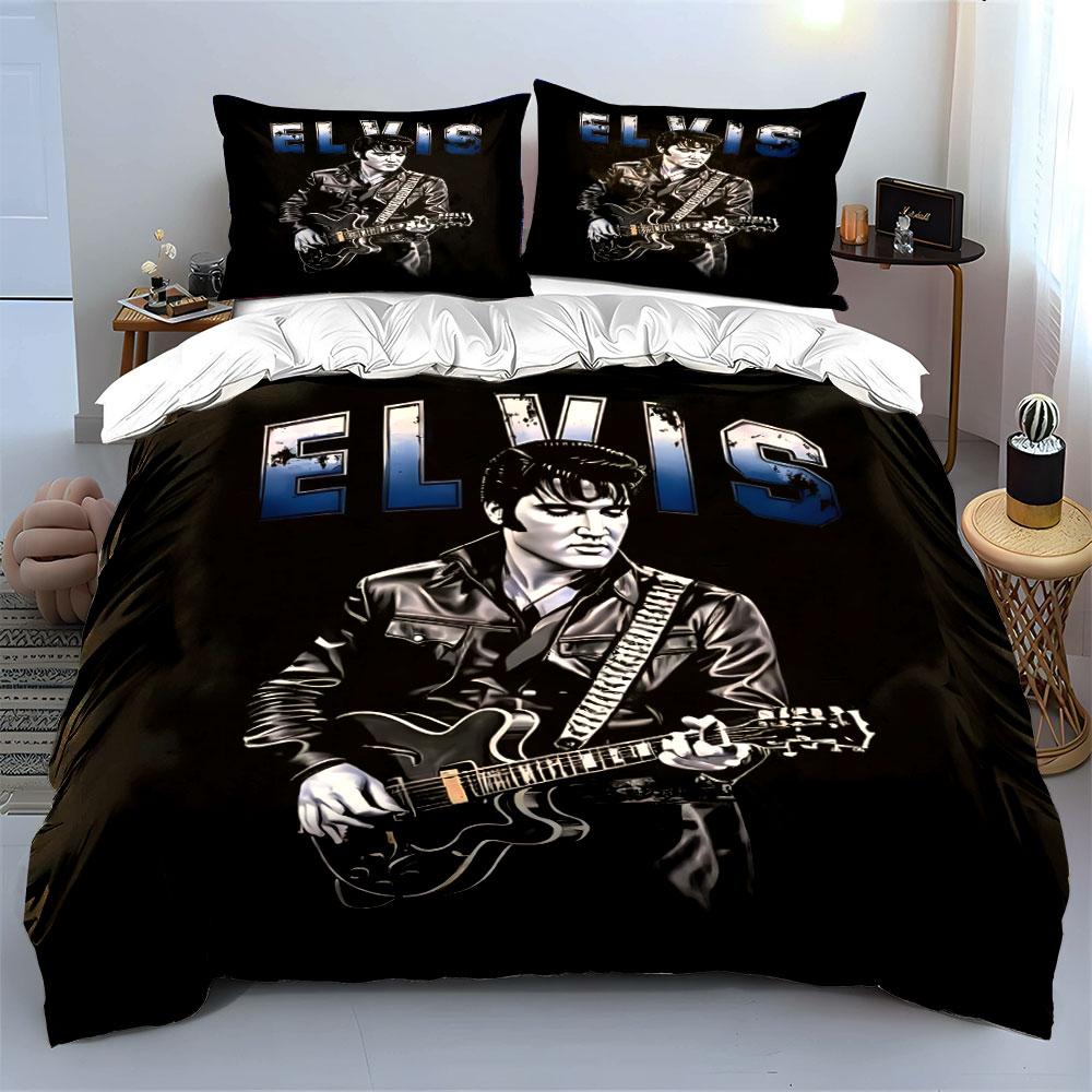 Guitarist in Black Leather with "Elvis" Print Bedding Set Duvet Cover Pillowcases (1* Duvet Cover 2* Pillowcases Do Not Include Comforter)