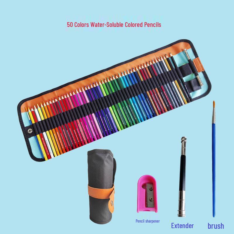 50-Color Wooden Hexagonal Oil-Based Colored Pencil Set for Adults and Art Students with Water-Soluble Paintbrushes.