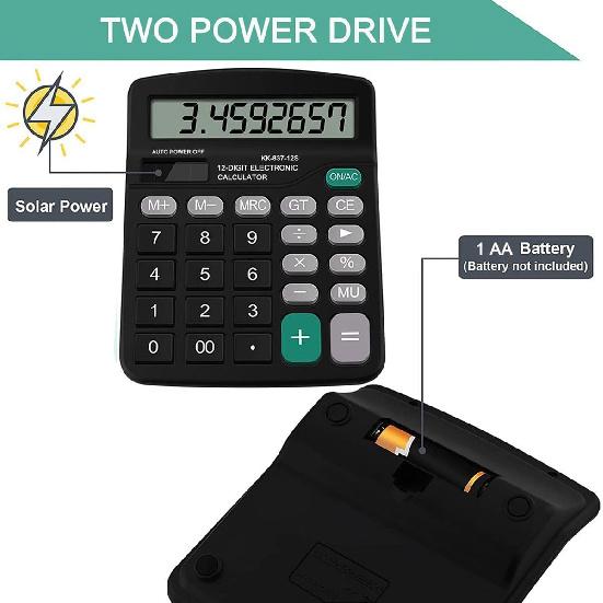 Office Desk Calculator - Dual Power Simple Financial Calculator with Big Button Large Display for Office, Home & School (Black)