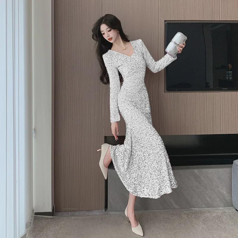 Women's V-Neck Long-Sleeve Sequin Fishtail Dress (2024 Autumn/Winter Collection)