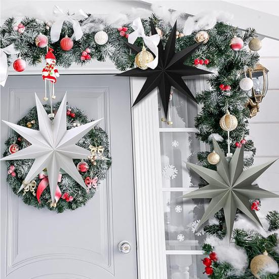5Pcs Star Lanterns 12-Inch Paper Christmas Ornaments 9 Pointed Hanging Lamp Lampshades Vintage Farmhouse