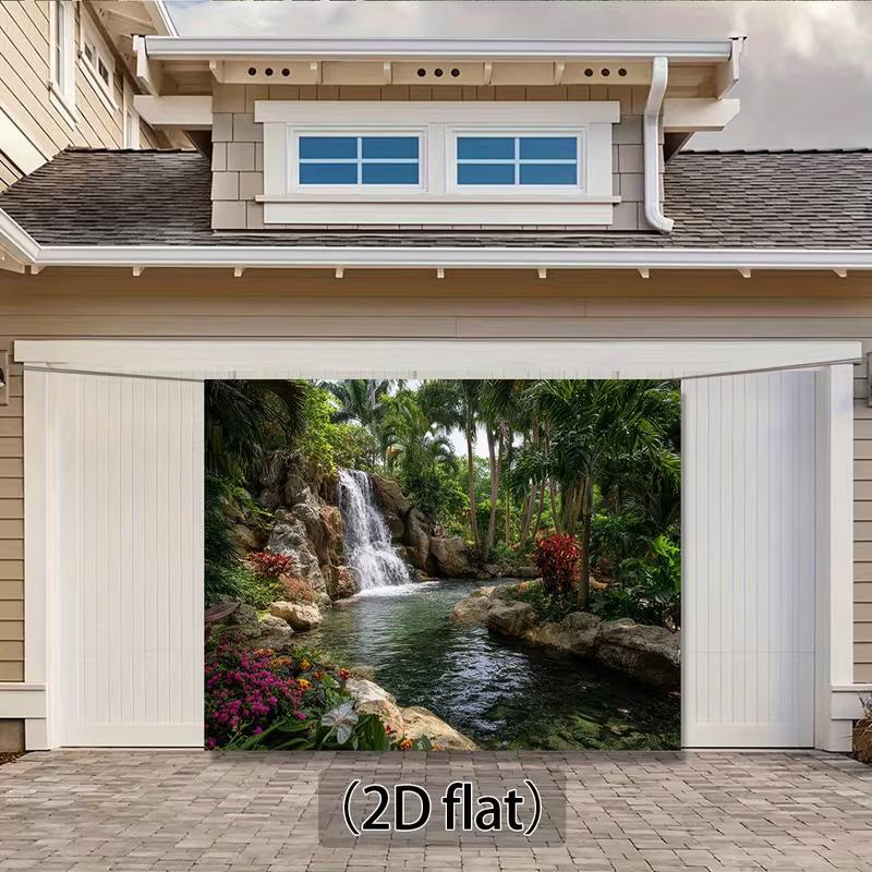 2D Tropical Nature Backdrop, Waterfall Palm Tree Pool Background for Home Decoration