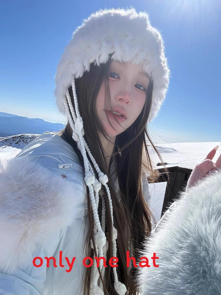 

Knit Bunny Fur Beanie For Women With Tassels Warm Winter Hat For Casual Wear білий