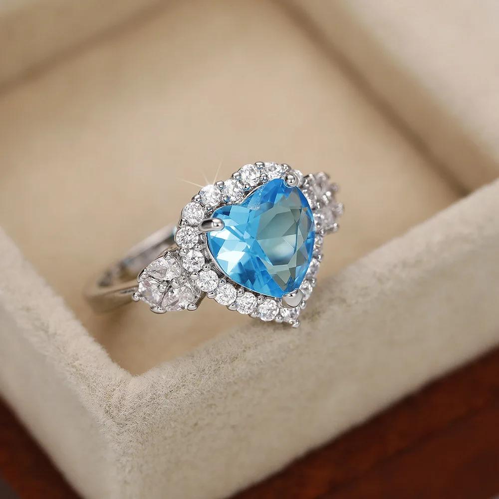 

2026 New Ocean Heart Shaped Blue Zircon Ring for Women with High End Design, Elegant Personality, Trendy Banquet Accessories 6