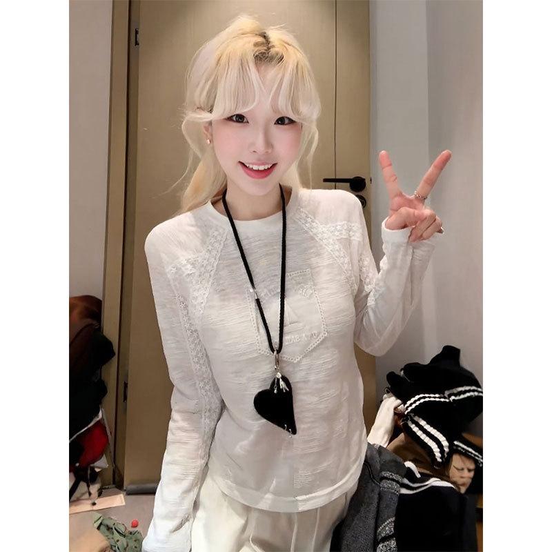

Morning Leader Jacquard Sailboat Embroidered Long Sleeve Lace T-shirt, Round Neck, Slim Fit XL білий