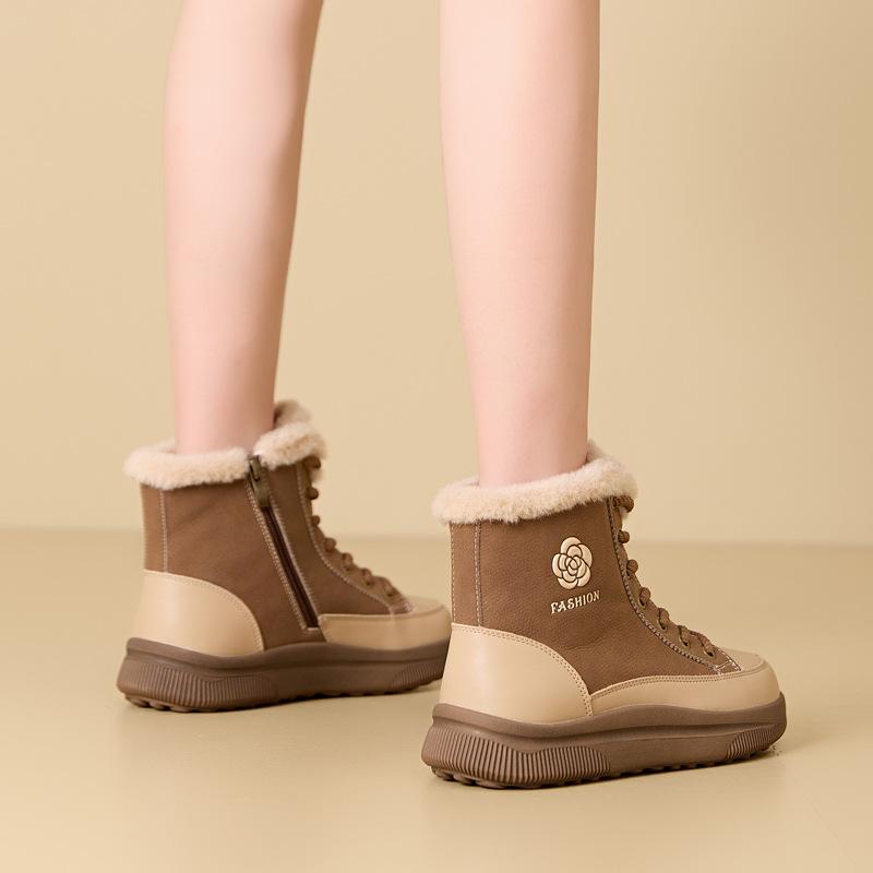 Fashion GKTINOO Genuine Leather Sneakers Women Snow Boots Casual Platform High Top Lace-up Winter Warm Plush Ladies Casual Shoes