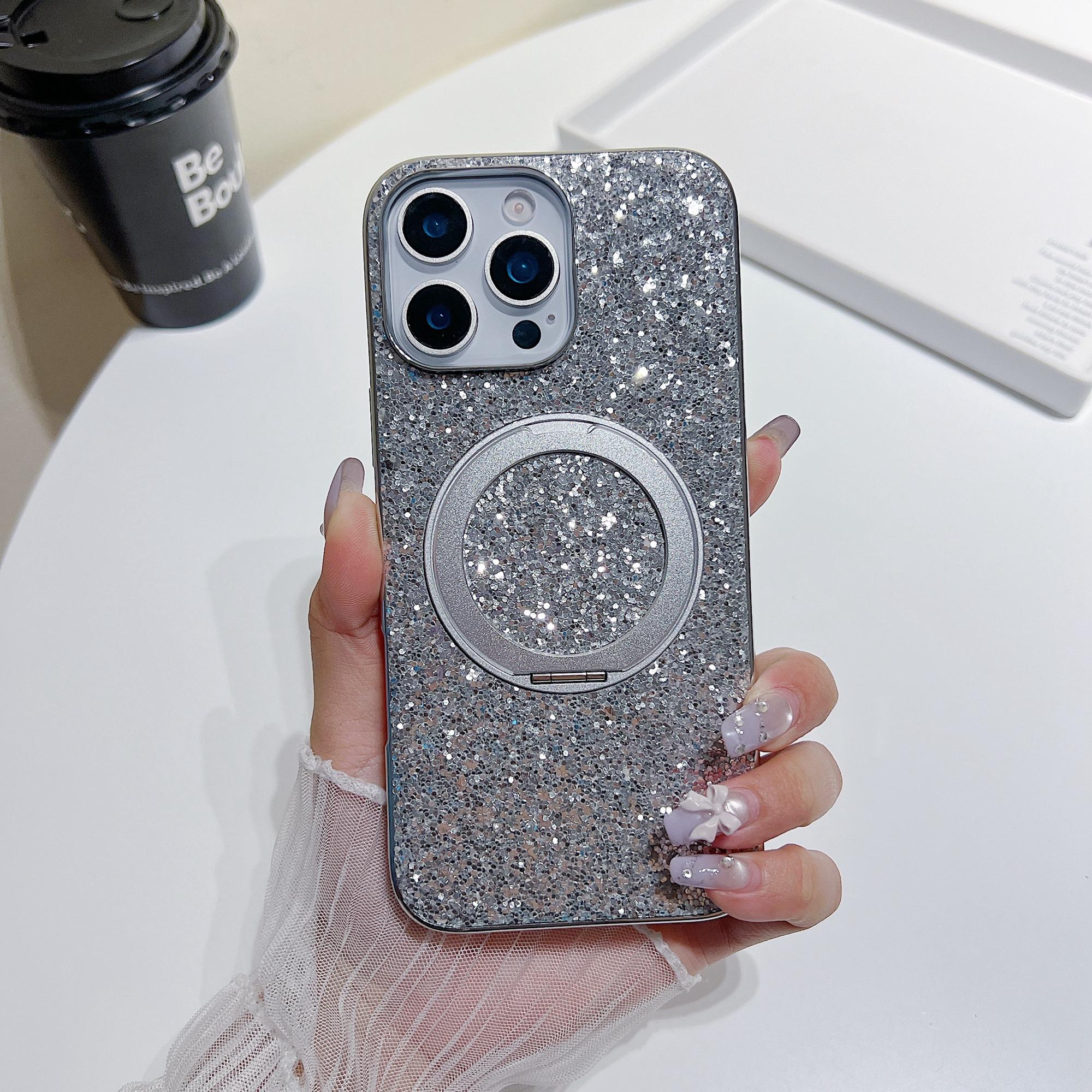

For iPhone 16 Pro Max Magnetic Case with Kickstand Glitter Electroplated TPU+PC Phone Cover Silver