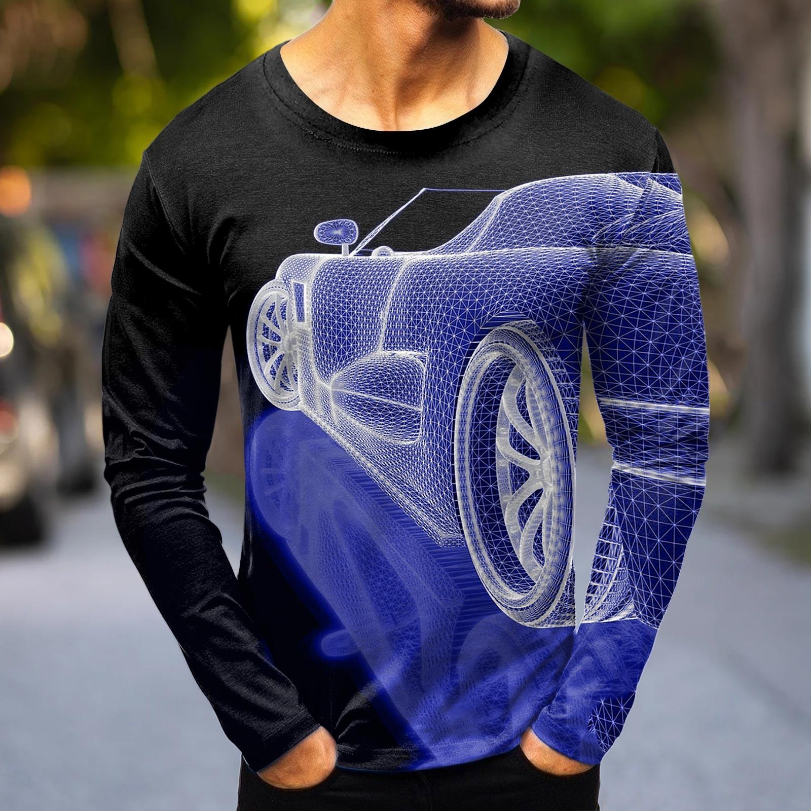 Men s Fashion Casual Stripe Printed Long Sleeve O-Neck Shirts Tops Blouse XXXL синий