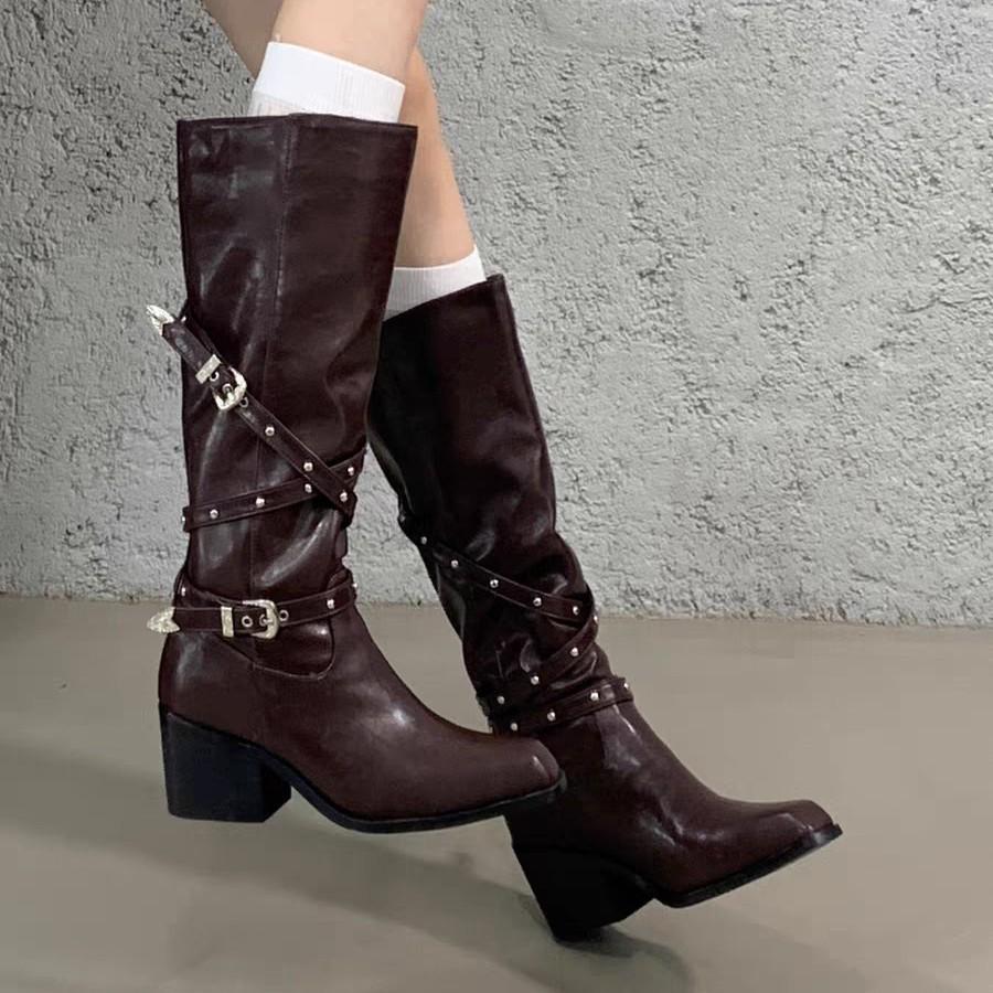 French thick heel belt buckle punk style high boots women's boots 2025 new small pointed long boots knight boots