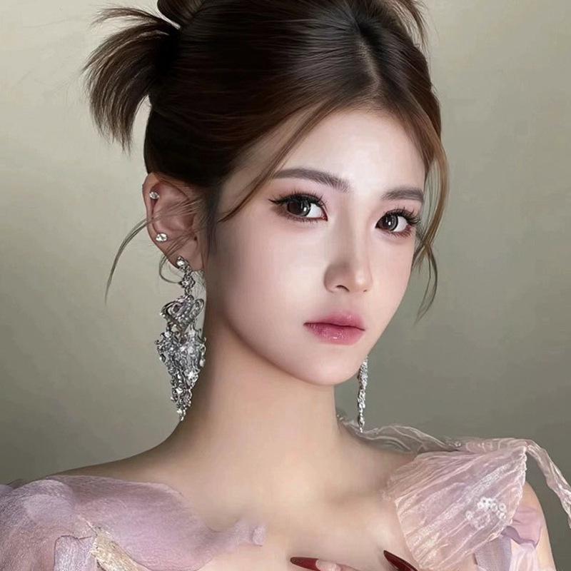 Pink Crystal Heart & Tassel Teardrop Earrings - Simple, Long, Sweet Style for Women