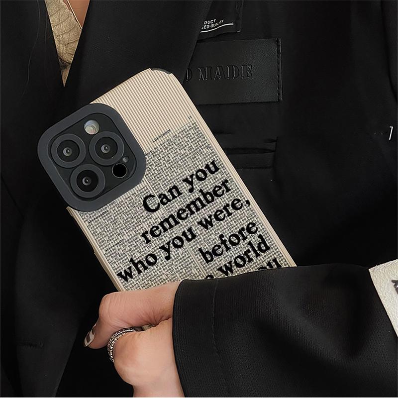 Fashion Black Letter Silicone Leather Case For iPhone 15 12 11 13 Mini 14 16 Pro MAX 17 ProMax Air Paper Pattern Cover