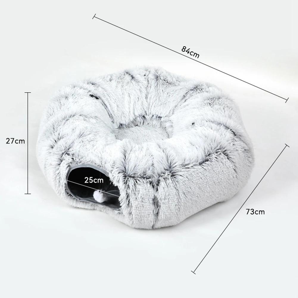 2 In 1 Round Cat Beds House Funny Cat Tunnel Toy Soft Long Plush Dog Bed Kittens Bed Mat Kennel Deep Sleep Winter Pets Cat Nest