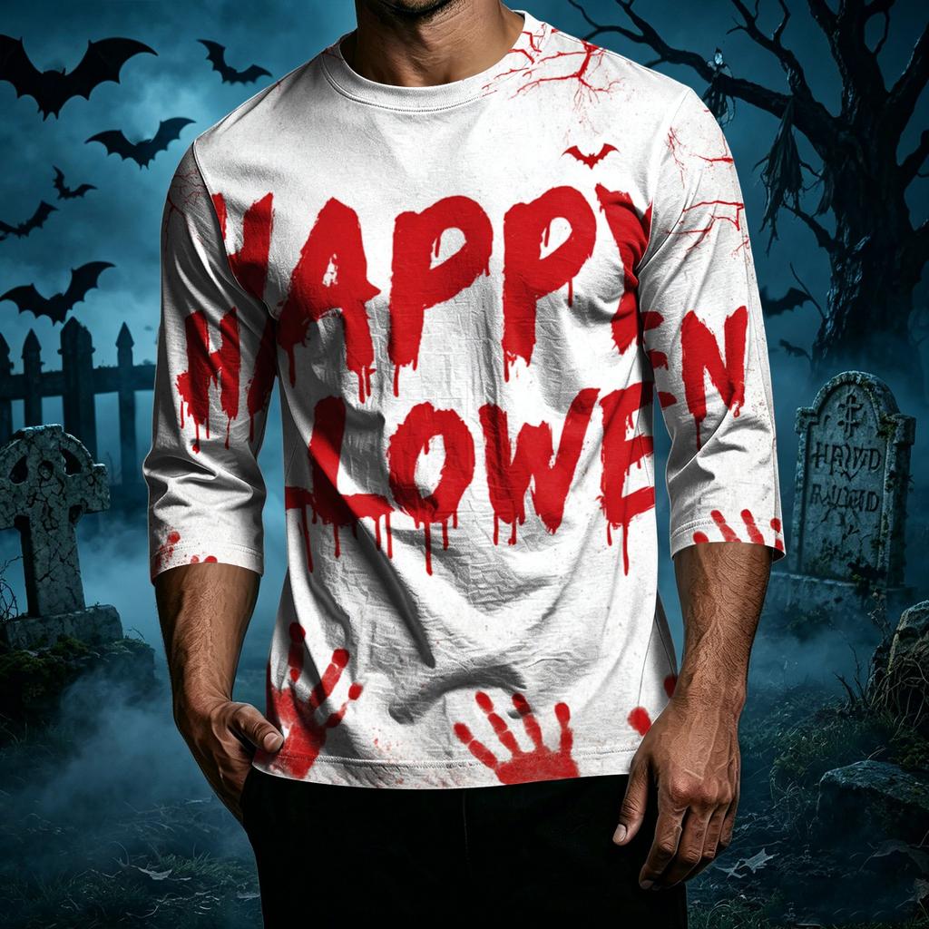 Men Casual Halloween Print Crew Neck T Shirt Three Quarter Sleeve Top Lightweight Comfortable Fit