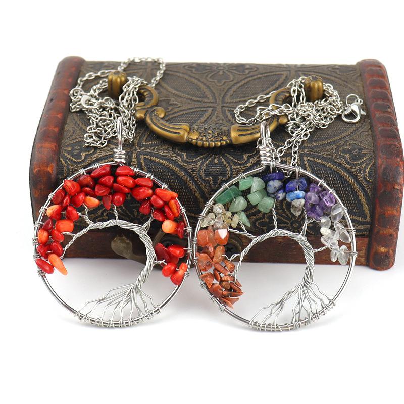 Natural Stone Irregular Tree Of Life Necklace Pendant Amethyst Wrapped Wisdom Tree Necklace Colorful Gravel N02