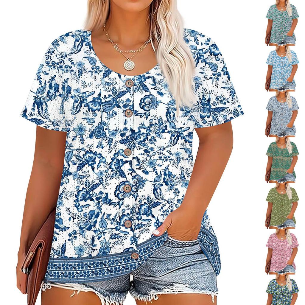 Plus Size Women's Fashion Casual Vintage Printed O-Neck Short Sleeve Button T-Shirt Top