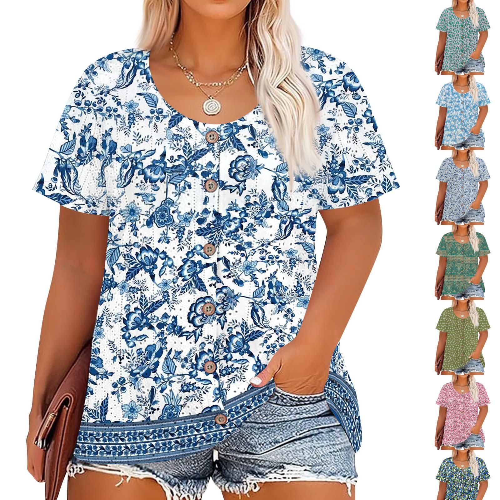 

Plus Size Women s Fashion Casual Vintage Printed O-Neck Short Sleeve Button T-Shirt Top XL небо синє кольору