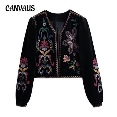 Damenjacke Herbst und Winter Schlanke Langarm-Kurzjacke aus besticktem Samt
