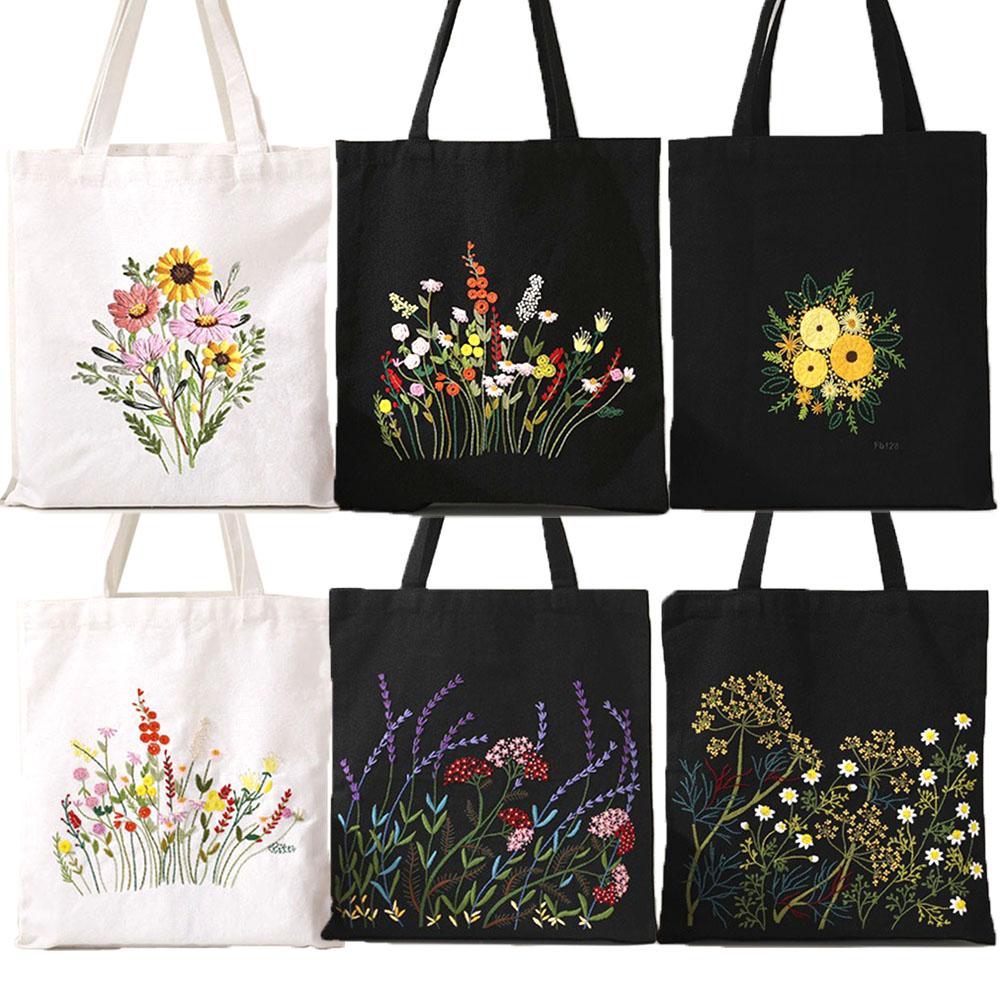 1 Set DIY Stickerei Kreuzstich-Set Nadelmalerei Blumen Schwarzes Segeltuch Wiederverwendbare Damen-Einkaufstasche Handarbeit Nähzubehör