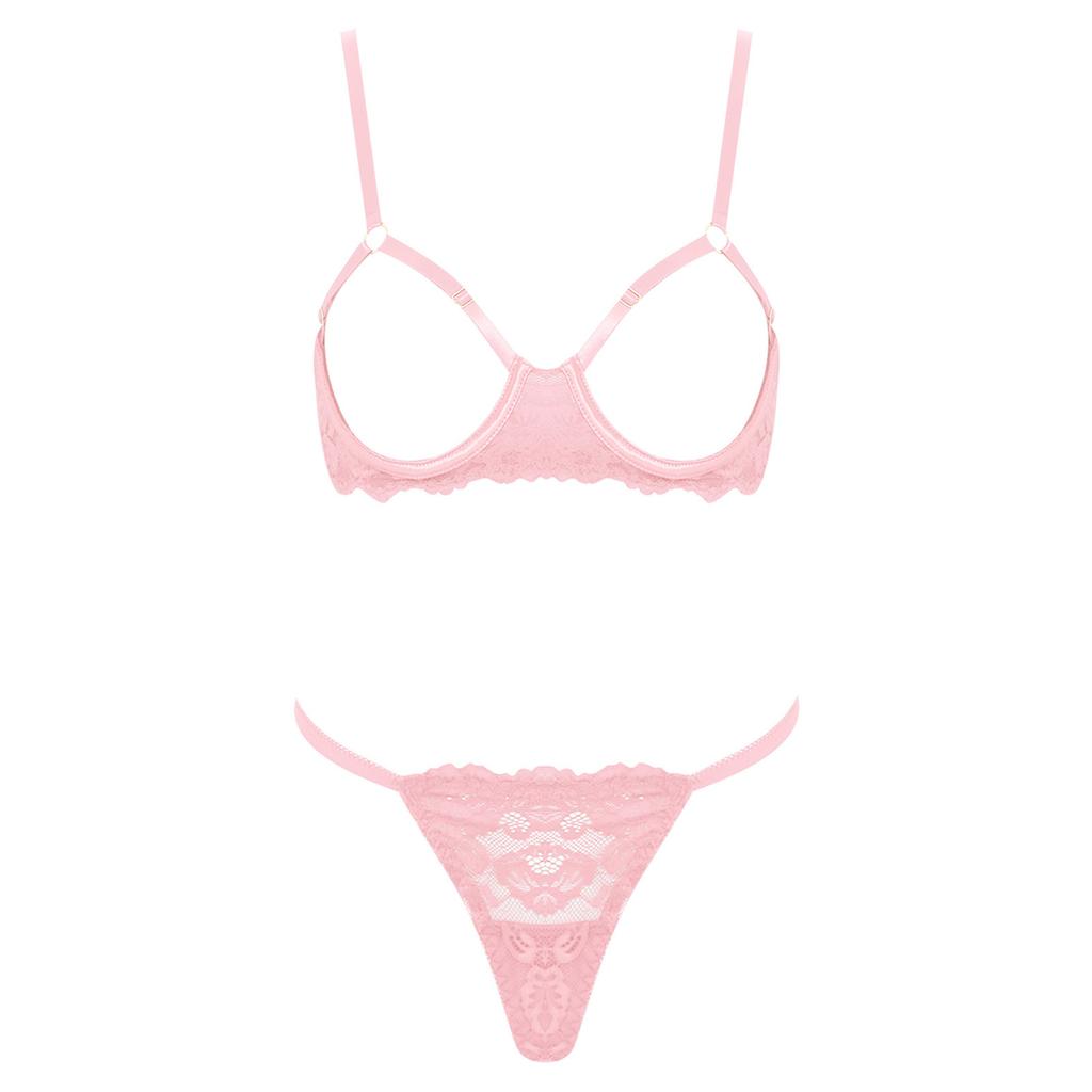 Womens Floral Lace Bra Set Opening Cup Underwire Push Up Top T Back Thong Panties Honeymoon Lingerie