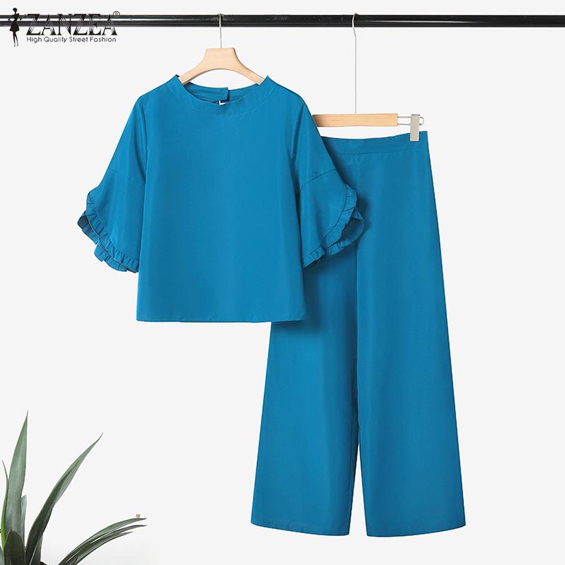 ZANZEA Women Half Sleeve Blouse and Pants Casual Two Piece Suit Sets