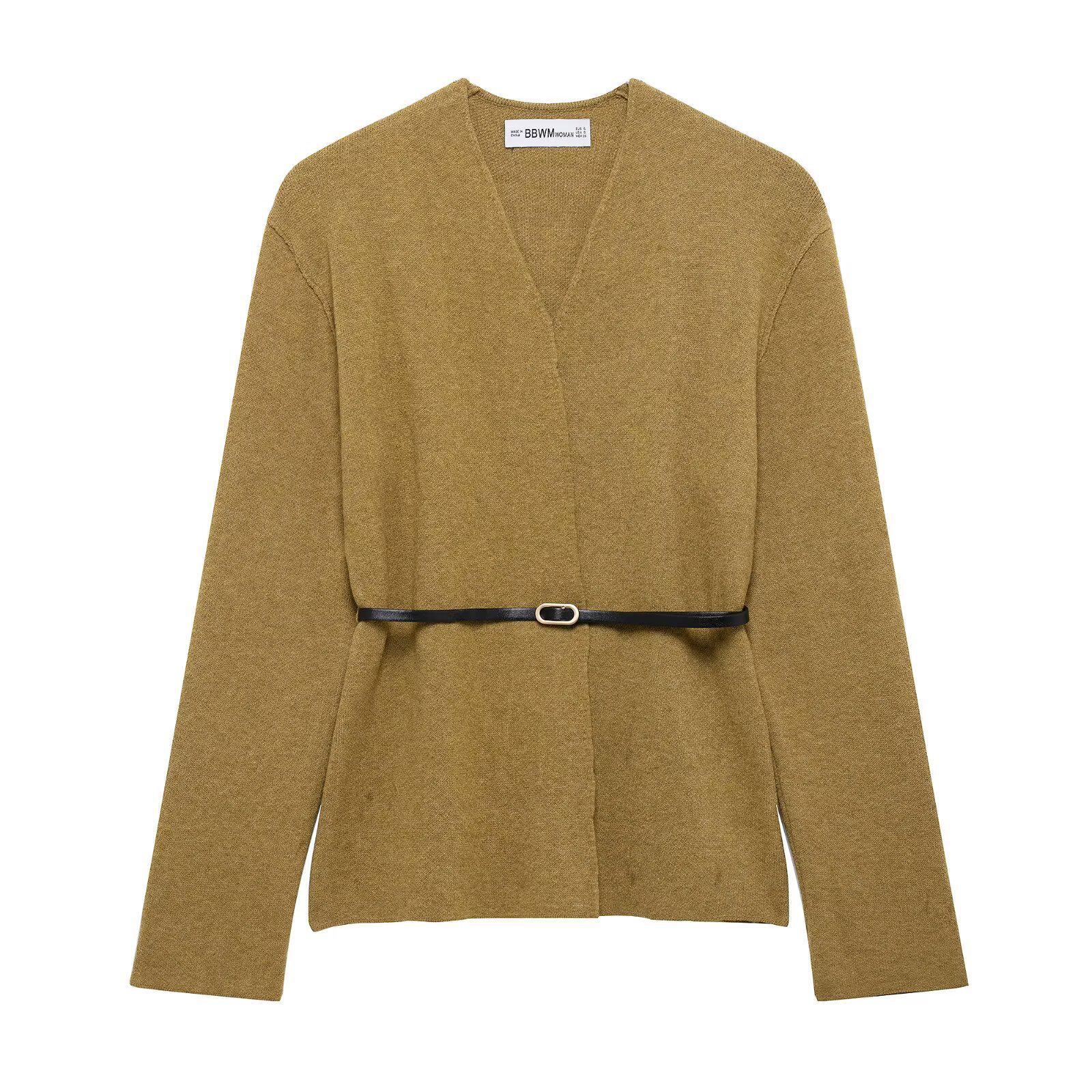 

Весенний женский вязаный кардиган с V-образным вырезом и поясом - Европейская и американская мода Medium