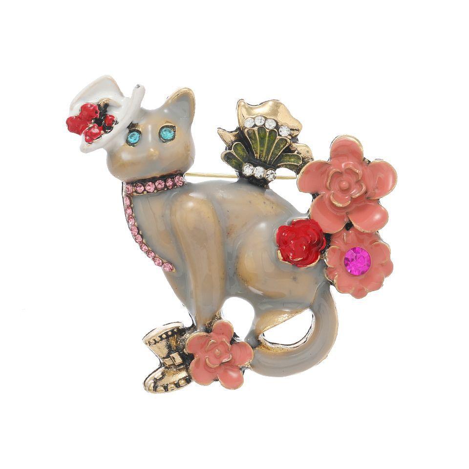 Vintage Women Men Fashion Enamel Cat Flower Badges Brooch Retro Classic Design Drip Oil Crystal Pins Accessories For Lady