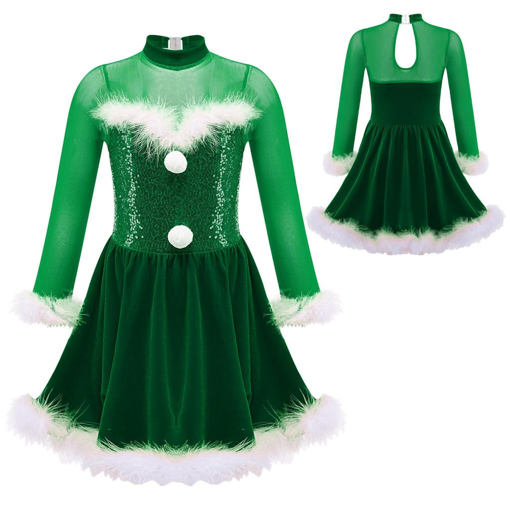 Kinder Mädchen Weihnachtskostüm Weihnachten Neujahr Bühne Dancewear Pailletten Santa Party Cosplay Kleid Samt Schlüsselloch Rückentanz Kostüm