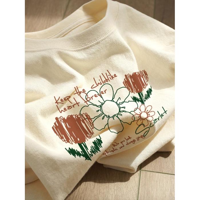 American Vintage Short Sleeve Pure Cotton T-Shirt 2026 New Women's Summer Loose Plus Size Trendy Printed Casual Round Neck Top