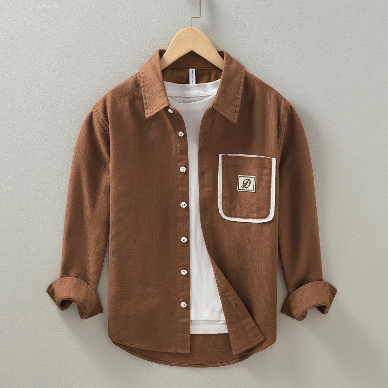 Surplus Hong Kong Style Pure Cotton Shirt for Men, Spring and Autumn Color-Blocking Patch Pocket Workwear, Stylish and Cool Long-Sleeve Casual Jacket