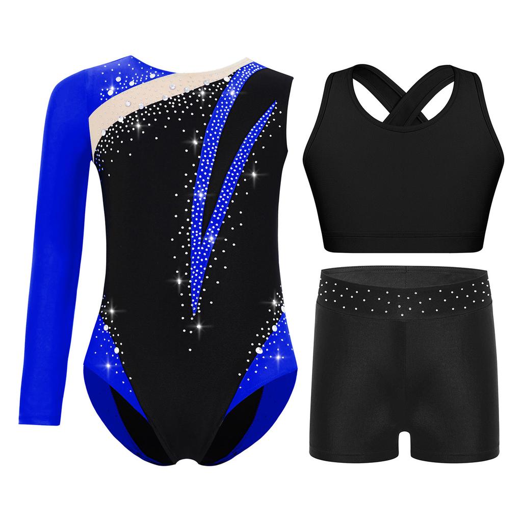 Girls Gymnastics Dance Outfit Shiny Rhinestones Color Block Asymmetrical Leotard Cross Back Keyhole Vest