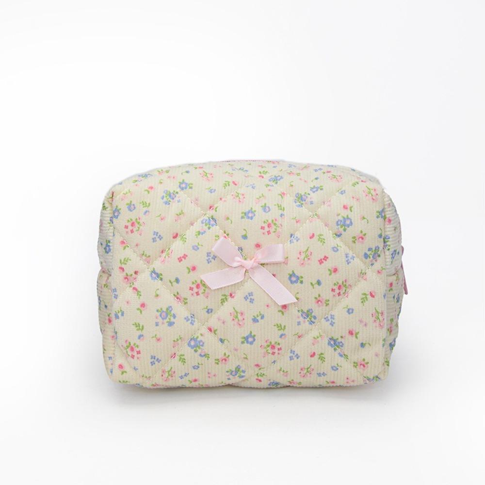 Portable Floral Quilted Makeup Bag Cotton Large Capacity Travel Toiletry Bag Lightweight Zipper Cosmetic Organizer