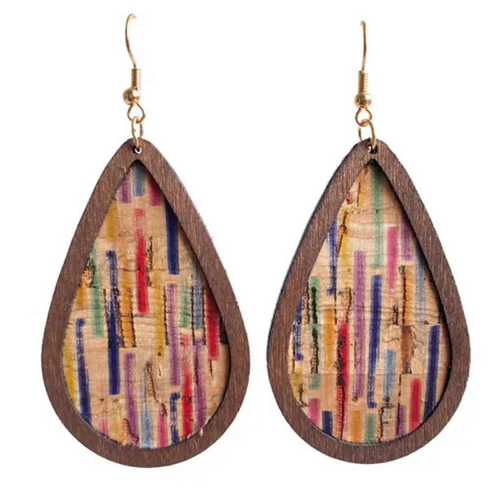 RSAMD Retro Vintage Print Cork Leather and Wood Teardrop Statement Women Earrings-#3