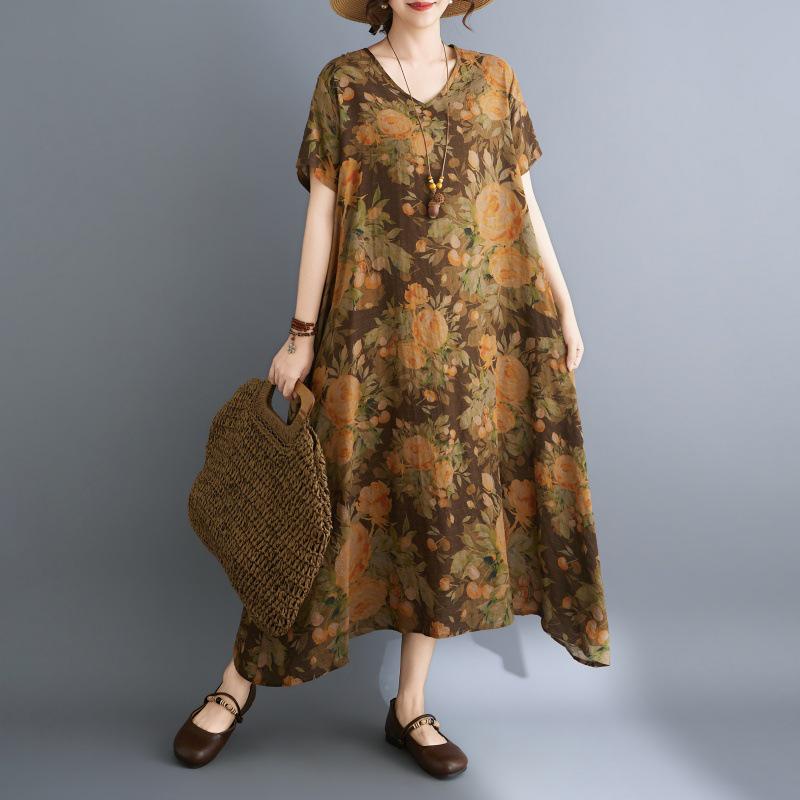 Retro Summer V-Neck Holiday Print Cotton Linen Long Dress Plus Size Free Size