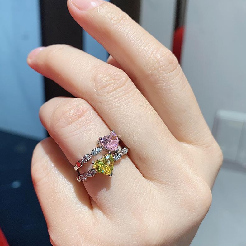 Cross Border New Love Ring Women's Simulation Pink Yellow Simple Zircon Peach Heart Jewelry