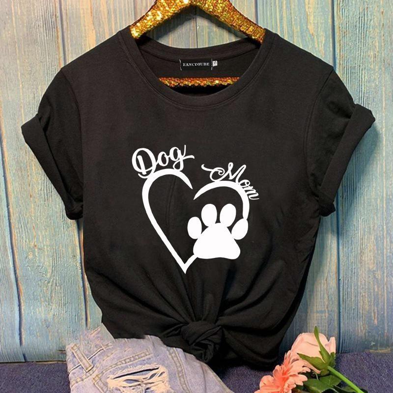Dam Ny Mode Hundmamma Hjärta Mönster Tryckt T-shirt Söt Hund Tassavtryck Kortärmad Skjorta Hundälskare T-shirt Toppar