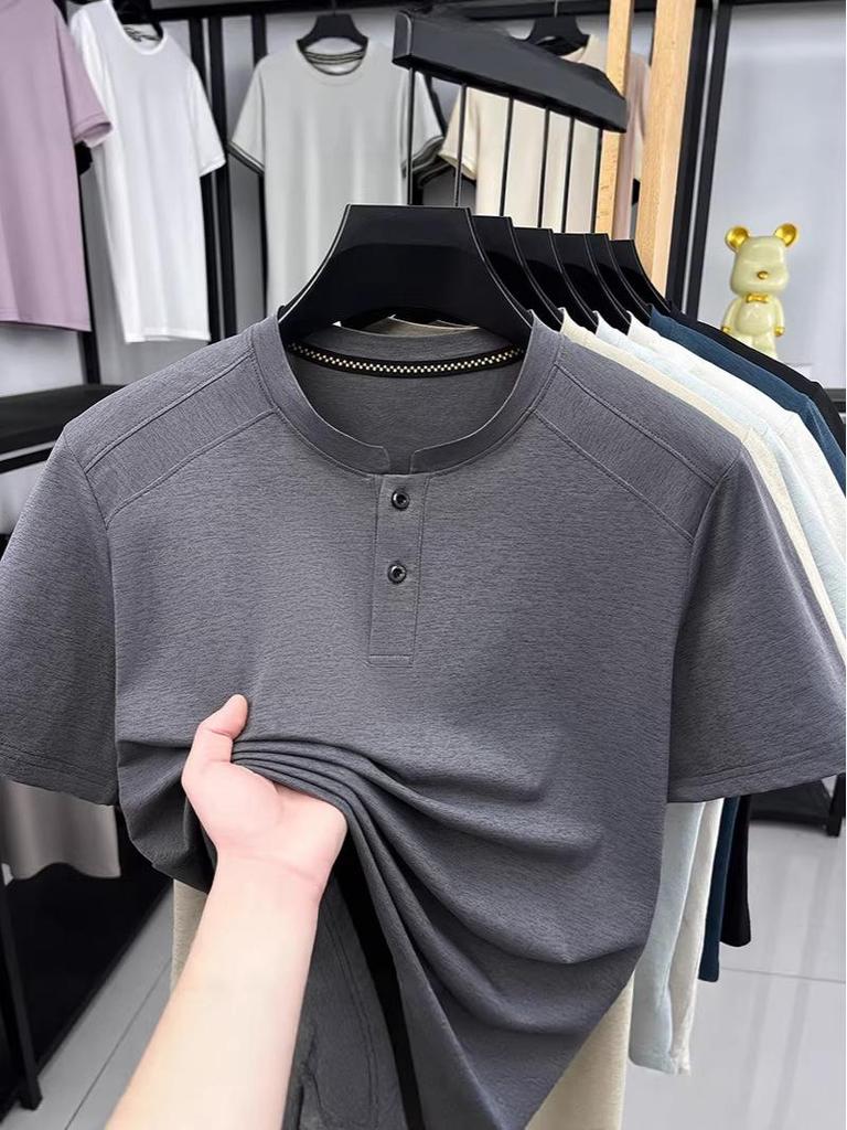 Men's Summer Short Sleeve Henley Collar Polo Shirt - Loose Fit, Solid Color, Casual Versatile T-shirt