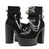 Gdgydh Gothic Vintage Spitzen-Stiefeletten für Damen, Blumenmuster, klobiger Absatz, Plateaustiefel mit Kette, Kleid, Outdoor