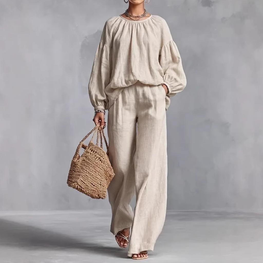 Women's Color Crewneck Long Sleeve Loose Fit Sleeve Two-Piece Set