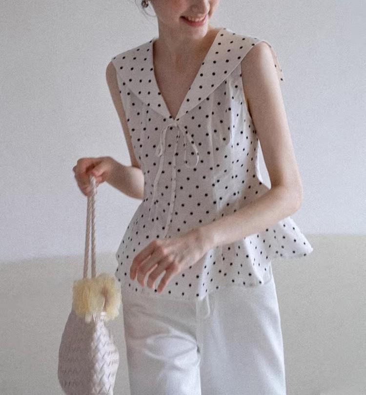 EGKA Women s Navy Polka Dot Sleeveless Slim Fit Top – Summer Korean Style Medium
