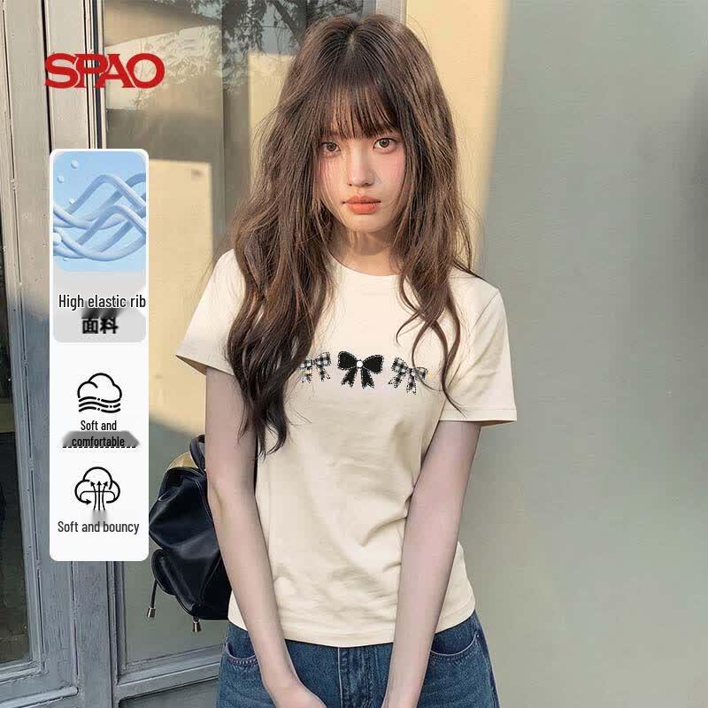 SPAO Women s Plaid Bow Short Sleeve T-Shirt M