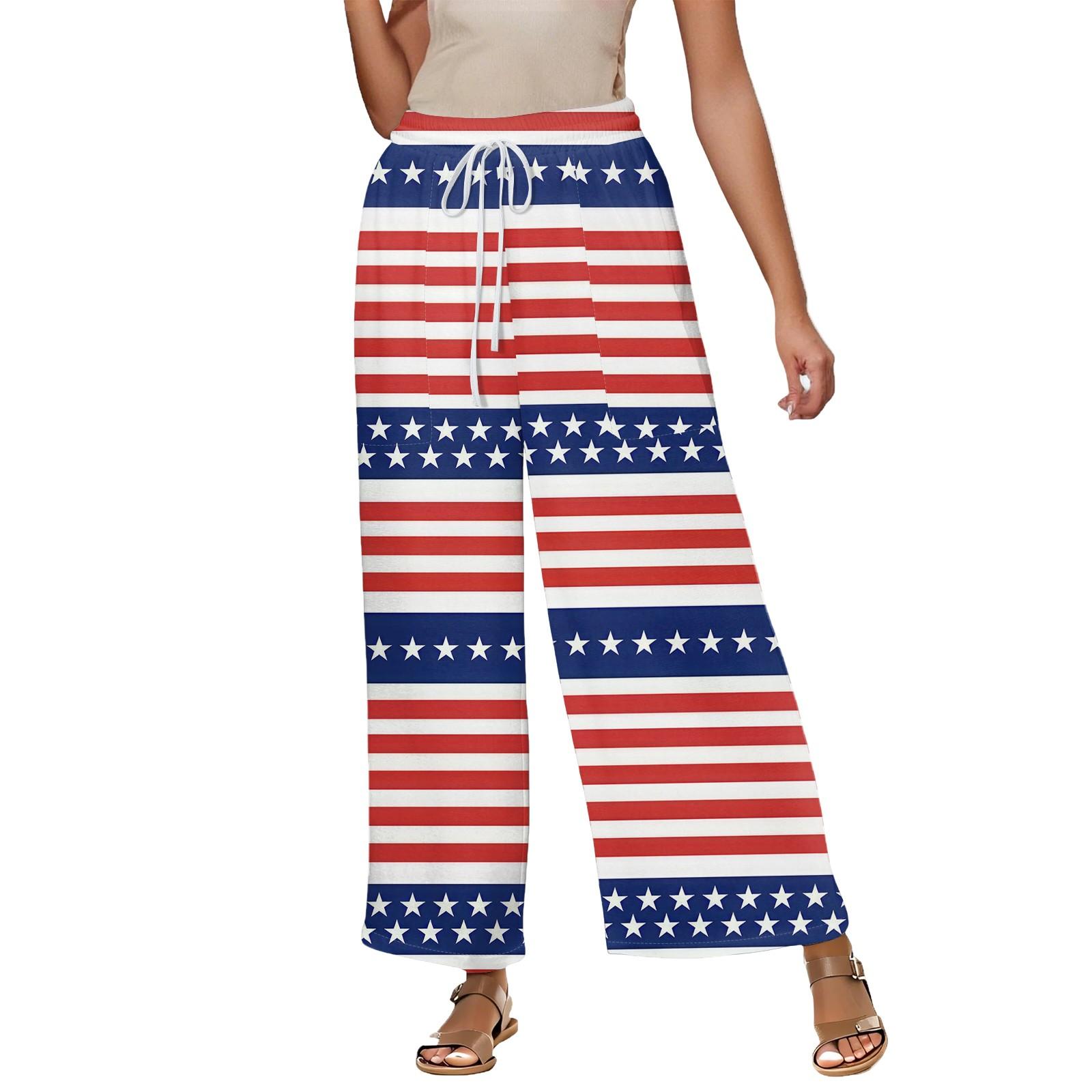 Women s Summer Elastic Waist Independence Day Printed Cotton And Linen Loose Pants S