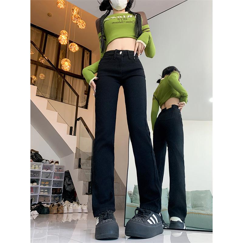 

Женские джинсы прямого кроя больших размеров черного цвета на флисовой подкладке - Стиль Зима 2024, Длина девять восьмых для миниатюрных фигур 4XL