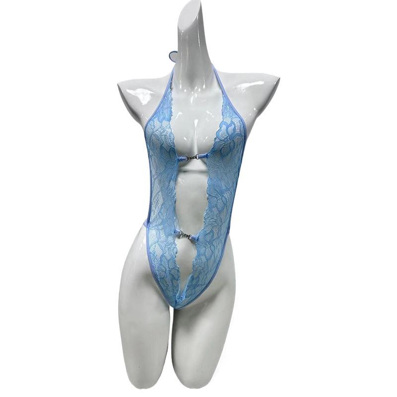 Sexy Female Perspective Lace One-piece Erotic Underwear Front Open Chest Temptation Neck Sm Uniform Pure Desire
