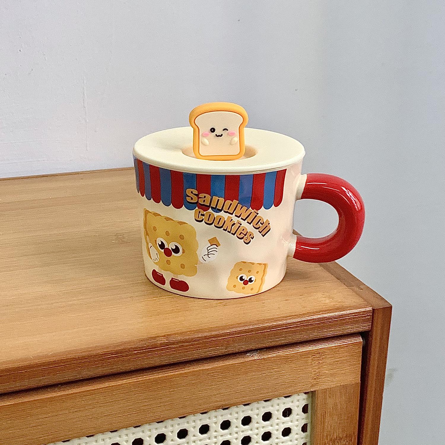 Cute Cartoon Bread Mug With Lid Spoon Ceramic Cup Couple Household Coffee Water Cup Girl Children Breakfast Cup 301-400ml