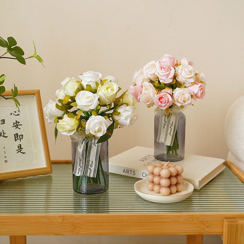 12 Head Artificial Rose Bouquet Plastic Fake Flowers Simulation Rose Flower  Birthday Decor