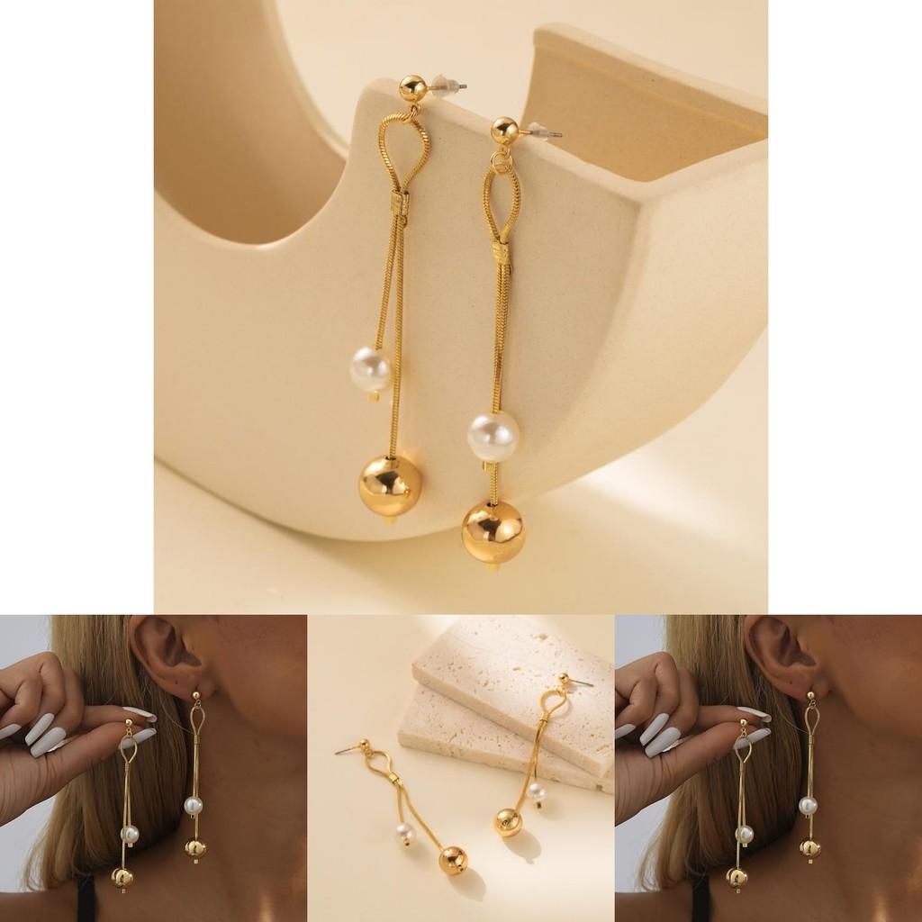 2023 Trendy Asymmetrical Earrings Gold Chain Faux Pearl Dangle For Women