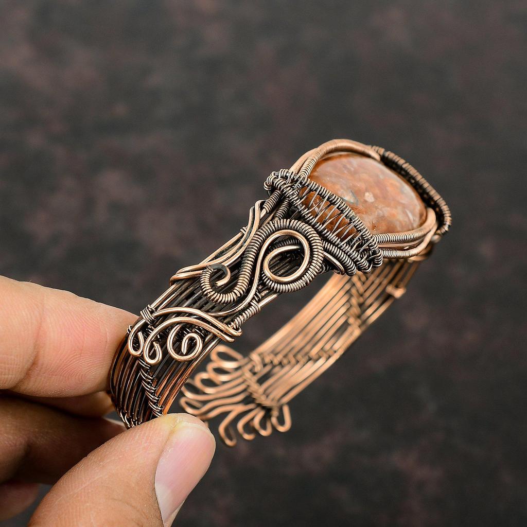 Sunstone Cuff Bracelet Copper Wire Wrapped Bangle Adjustable Bangle Sunstone Gemstone Stylish Jewelry Handmade Cuff Bracelet Wire Wrap Cuff