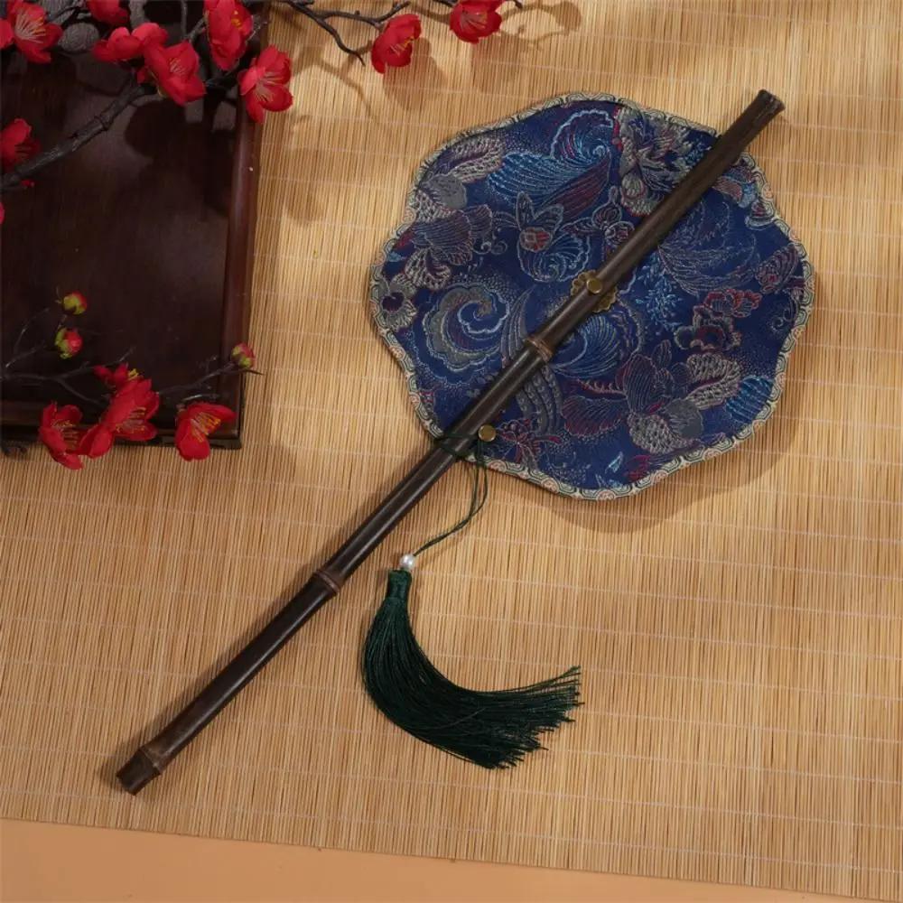Retro Ancient Style Chinese Bamboo Waist Fan Rollable Foldable Long Handle Fan Decorative Cooling Group Fan Hanfu