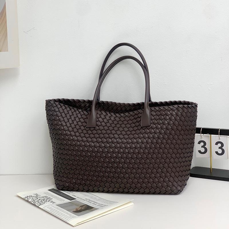 New Double-sided Woven Tote Bag Women's Genuine Leather Shoulder Handbag Large-capacity Shopping Bag Vegetable Basket Commuter Versatile